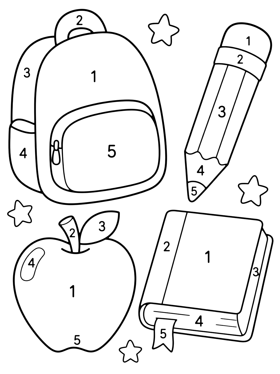 Coloriage avec une mise en page doodle espacée avec sac, crayon, pomme et livre, divisés en grandes zones numérotées de 1 à 5. Idéal pour enfants, rentrée scolaire, impression et coloriage en ligne.