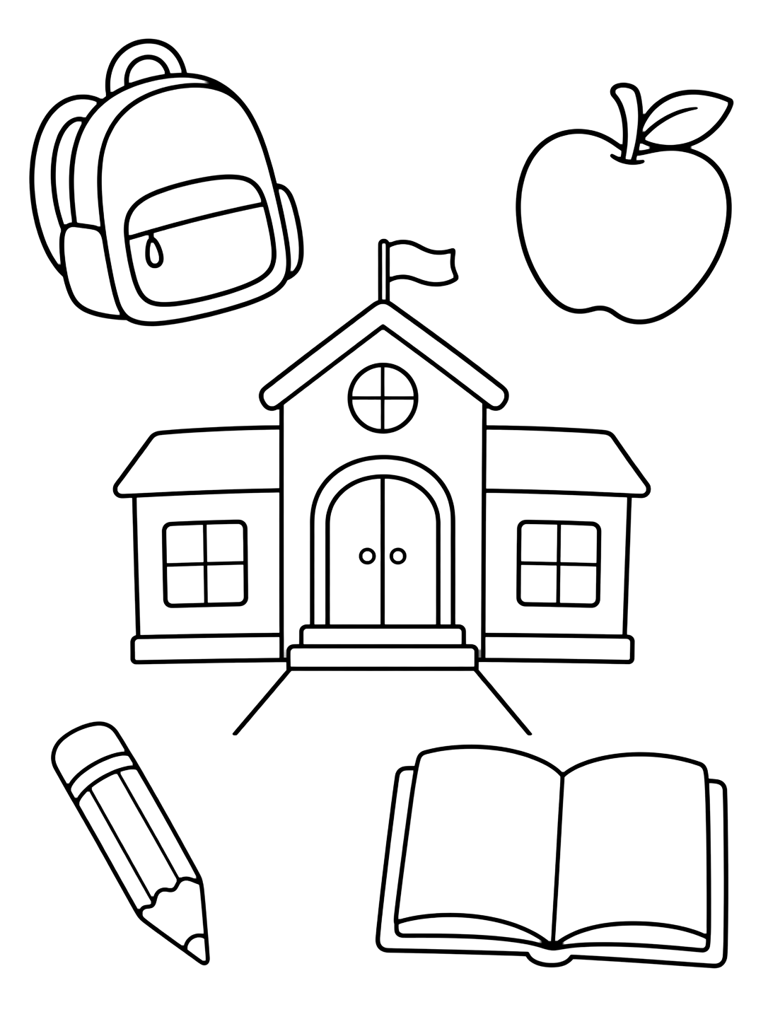 school entrance doodle icons coloring page with a simple school entrance surrounded by four large doodle icons: a backpack, an apple, a pencil, and a blank open book for kids