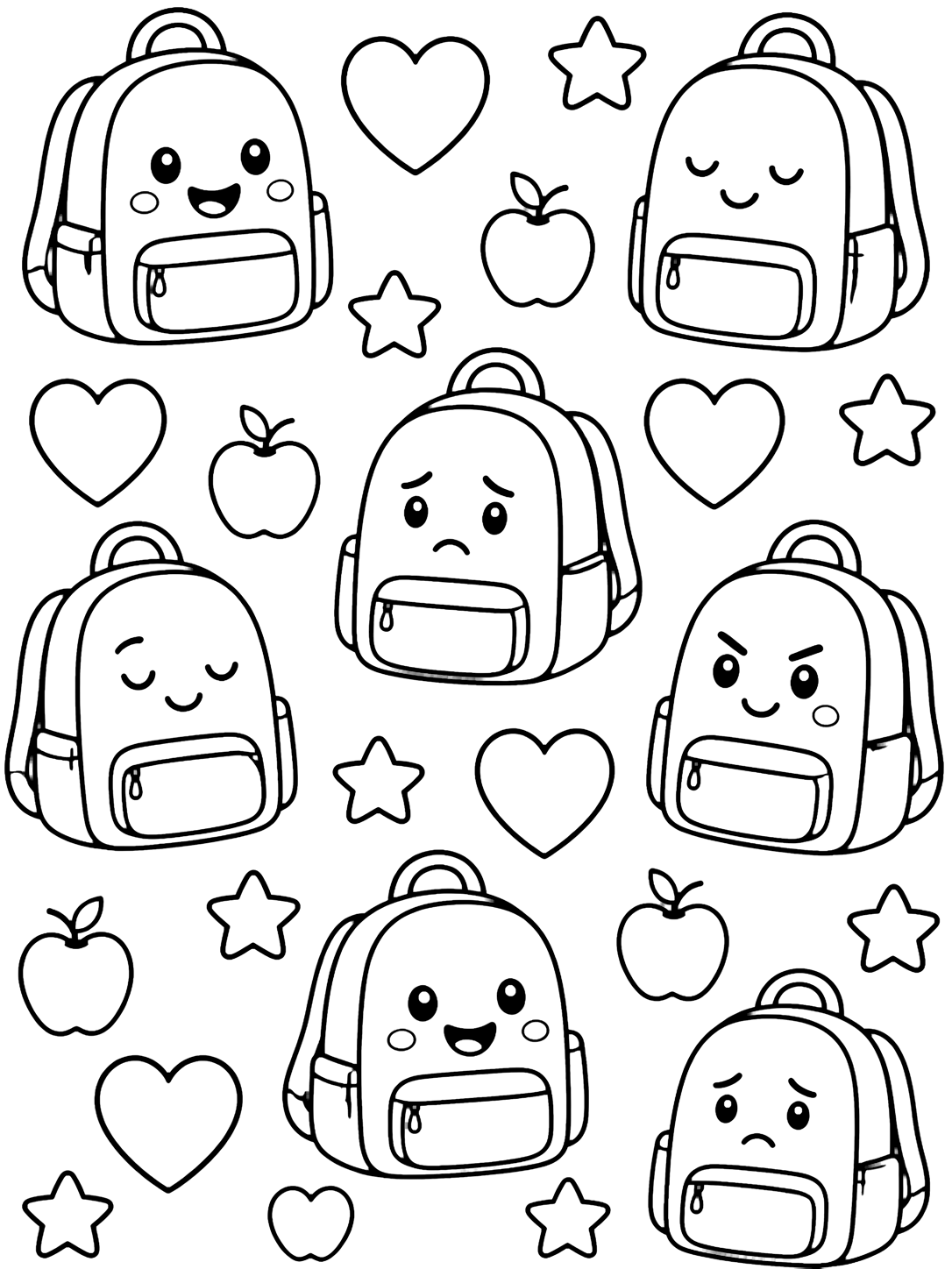 school feelings backpack emotions pattern coloring page with a roomy repeating pattern of backpacks with simple emotion faces on the pockets, alternating happy, calm, worried, and proud expressions, with hearts, apples, and stars for kids
