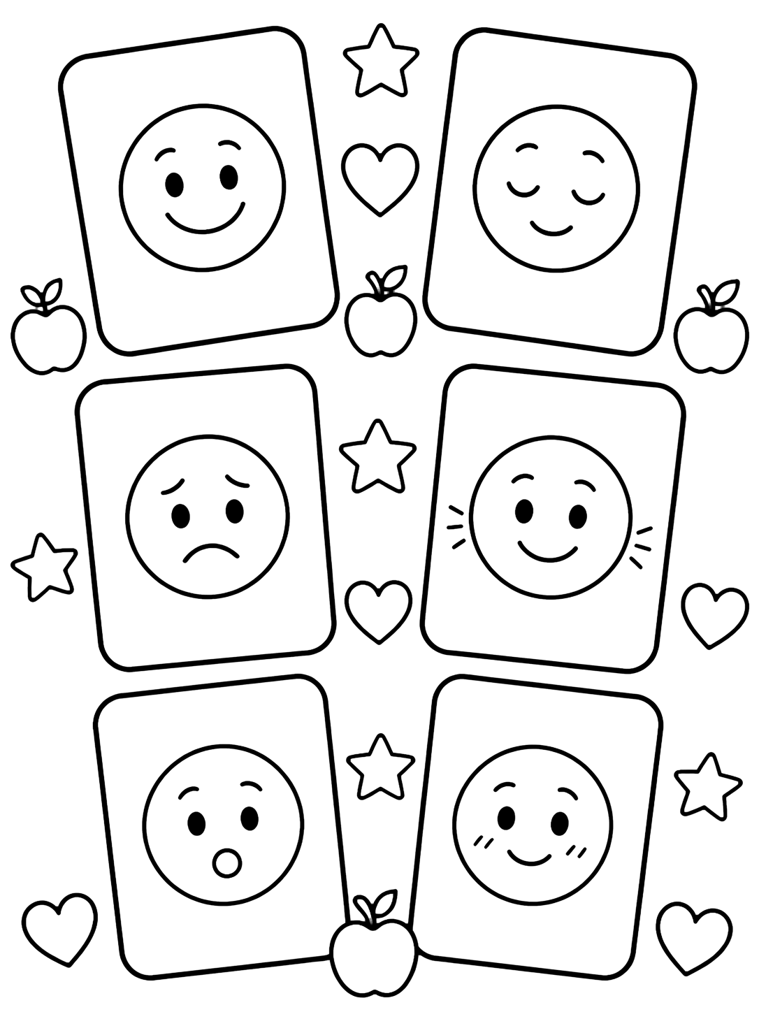 school feelings blank cards pattern coloring page with six large blank rounded classroom cards in a roomy pattern, each with a simple emotion face icon, plus apples, hearts, and stars for kids
