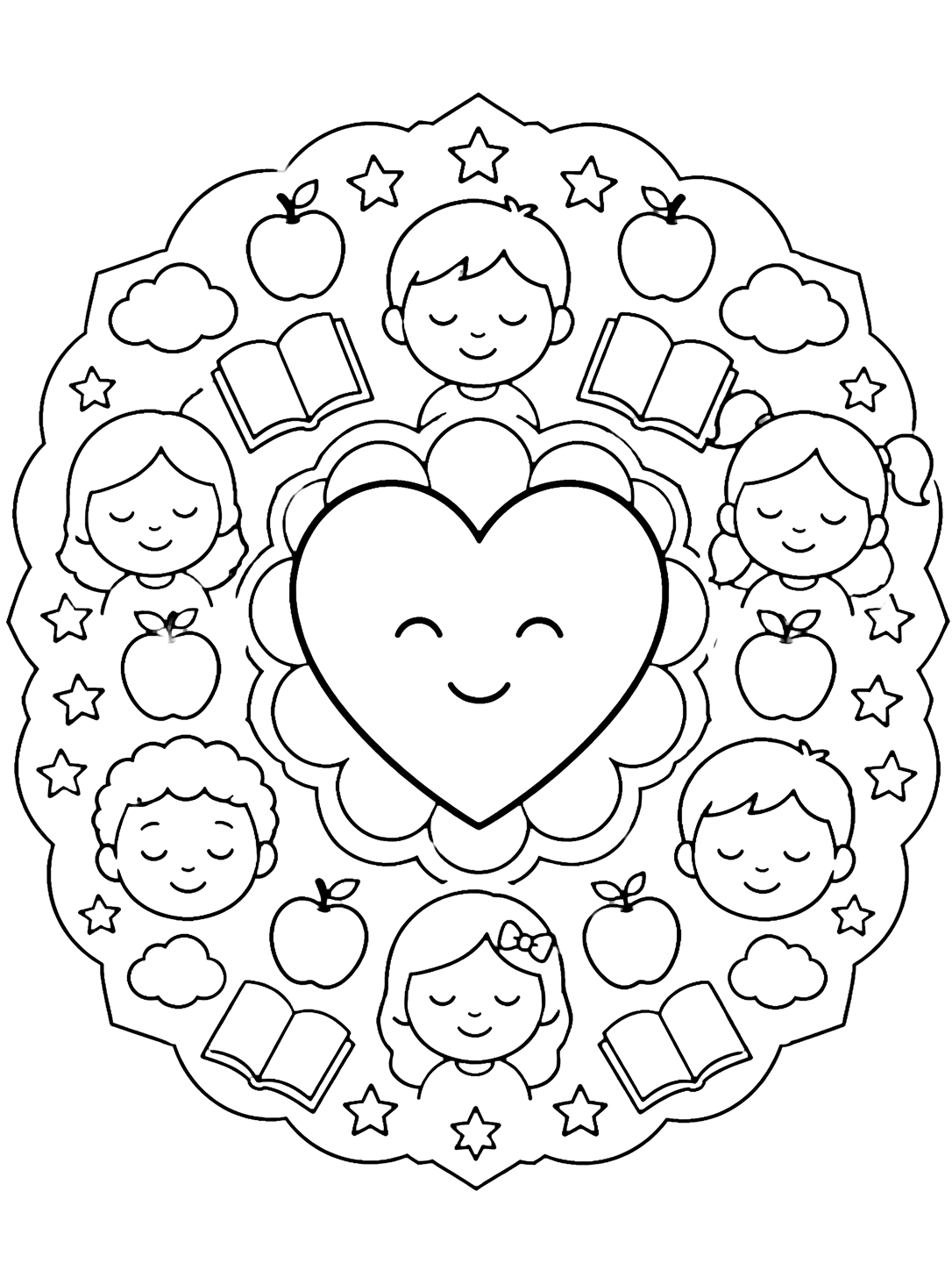 Coloriage sur les émotions à l'école avec un grand cœur paisible au centre d'une mandala ronde simple avec visages calmes d'enfants, pommes, livres ouverts vides, nuages et étoiles. Idéal pour enfants, accueil scolaire, impression et coloriage en ligne.