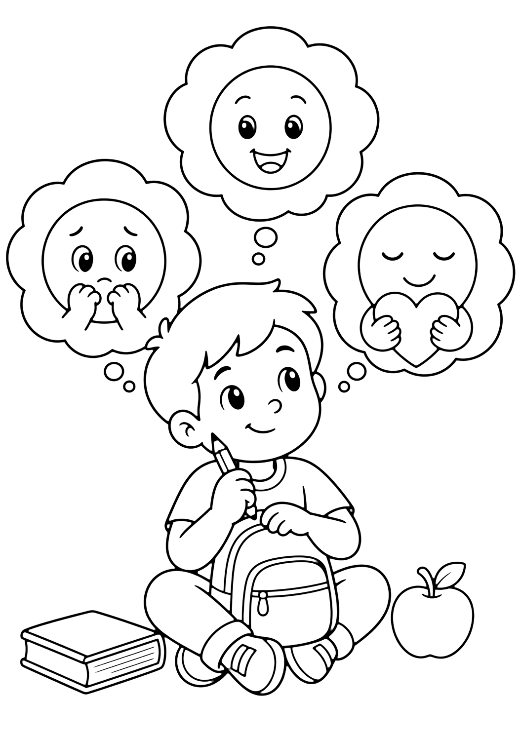 Ausmalbild mit ein Kind mit Ranzen und Bleistift, dazu drei große Gedankenblasen mit fröhlichem, schüchternem und ruhigem Gesicht. Geeignet für Kinder, Schulstart, Ausdrucke und Online-Ausmalen.