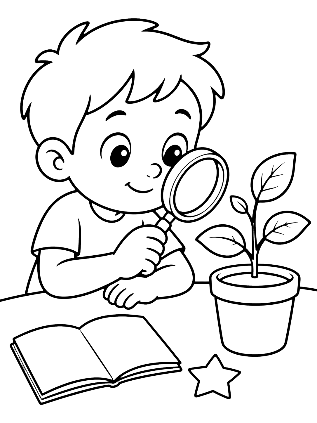 school feelings curious plant coloring page with a curious child looking through a magnifying glass at a small classroom plant on a table, with an open blank notebook and star nearby for kids