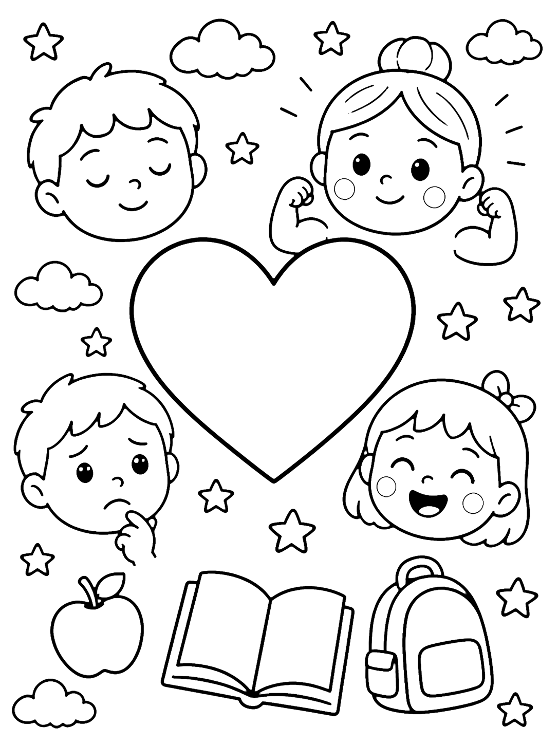 school feelings doodle mood heart coloring page with a large blank heart in the center with doodle child faces around it showing calm, proud, worried, and happy expressions, plus apple, backpack, open blank book, clouds, and stars for kids
