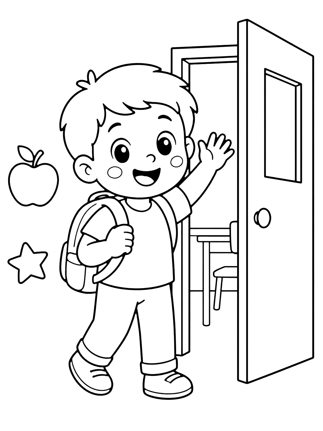 Coloriage sur les émotions à l'école avec un enfant joyeux arrive à l'école avec un sac, sourit et fait signe près d'une porte de classe simple, avec pomme et étoile. Idéal pour enfants, accueil scolaire, impression et coloriage en ligne.