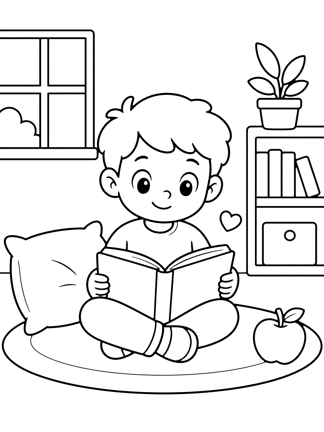 Картинка с училищни чувства с спокойно дете чете отворена празна книга в уютен класен кът за четене с възглавница, сърце и ябълка. Подходяща за деца, първи учебен ден, принтиране и онлайн оцветяване.