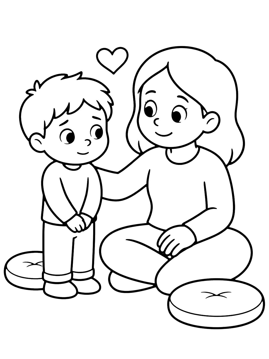 Coloriage sur les émotions à l'école avec un enfant timide mais courageux se tient près d'une maîtresse amicale pendant le cercle, avec deux coussins simples et un cœur. Idéal pour enfants, accueil scolaire, impression et coloriage en ligne.