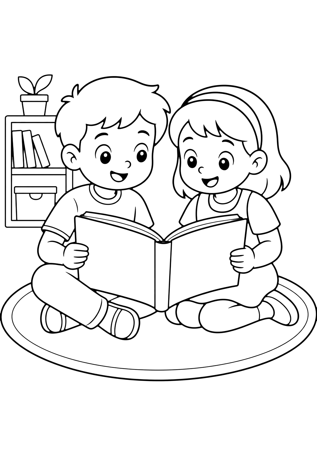 Ausmalbild mit Schulfreunden und zwei Schulfreunde, die auf einem Teppich sitzen und zusammen ein großes offenes leeres Buch lesen. Geeignet für Kinder, Ausdrucke, Downloads und Online-Ausmalen.