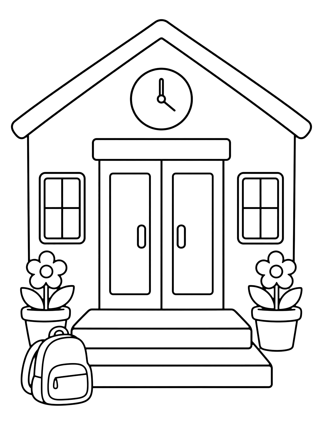 school front entrance coloring page with a friendly school front entrance with double doors, wide steps, a blank clock face above the door, two flower pots, and one backpack for kids