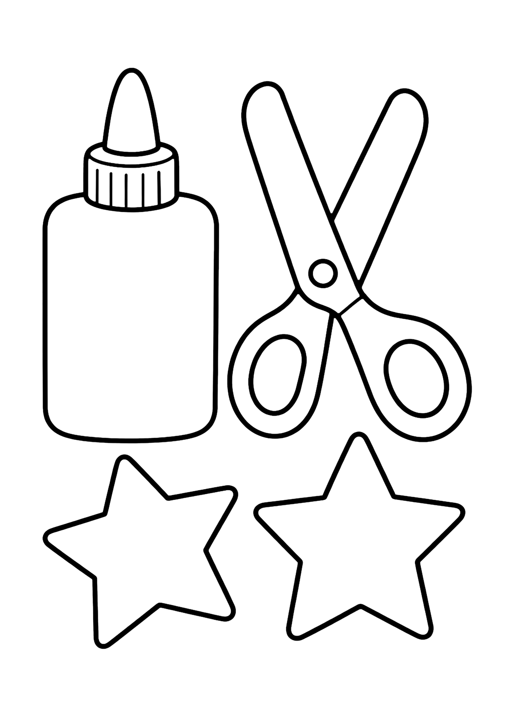 Coloriage avec le motif « flacon de colle scolaire et ciseaux » avec de grands ciseaux, de la colle et des formes en papier simples. Idéal pour enfants, rentrée scolaire, impression et coloriage en ligne.