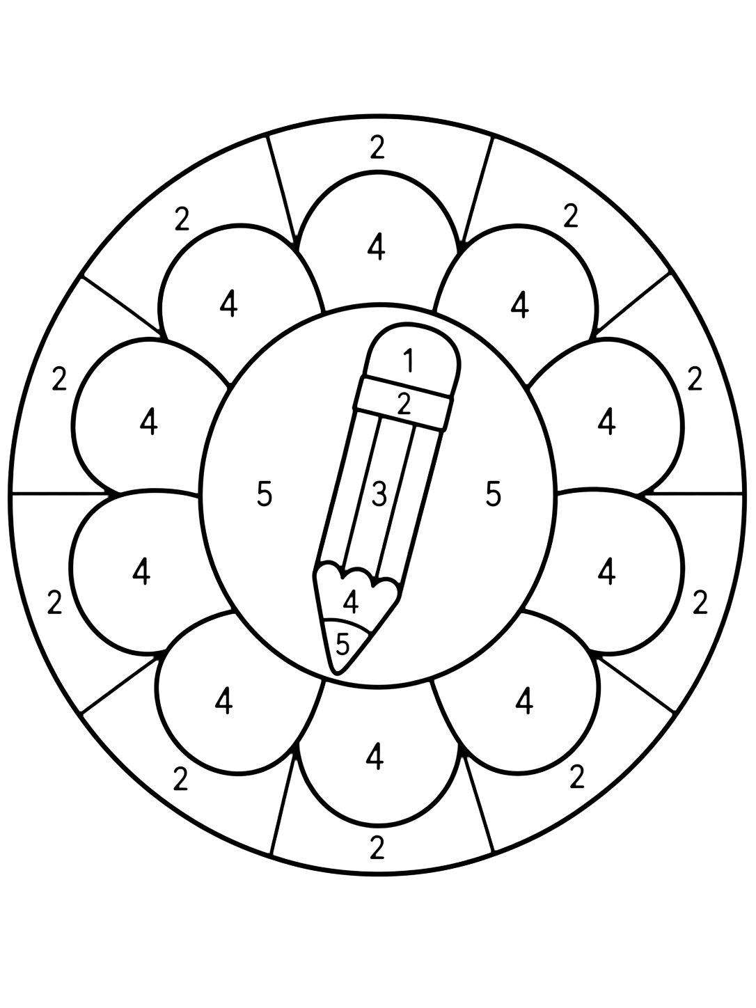Dibujo para colorear con un mandala infantil con un lápiz en el centro, un anillo de pétalos grandes y zonas amplias numeradas del 1 al 5. Ideal para niños, actividades escolares, impresión y coloreado online.