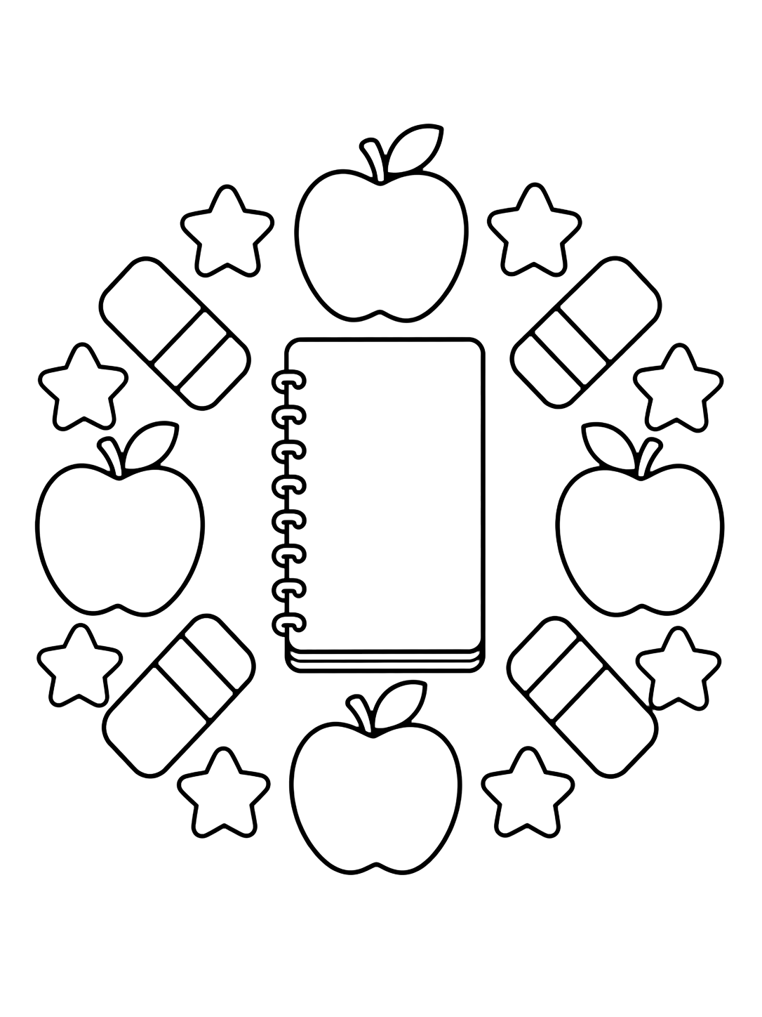 Dibujo para colorear con el motivo «mandala escolar con cuaderno» en una mandala circular fácil con cuadernos y formas escolares grandes. Ideal para niños, actividades escolares, impresión y coloreado online.