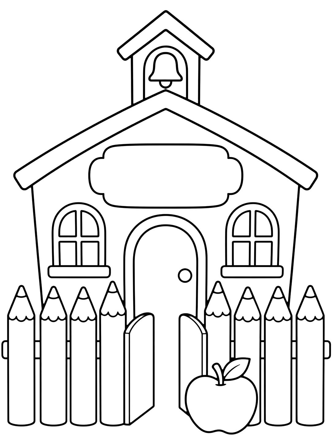 school building with pencil fence coloring page with a cute school building behind a simple fence made of oversized pencils, with one apple by the gate and a blank sign above the door for kids