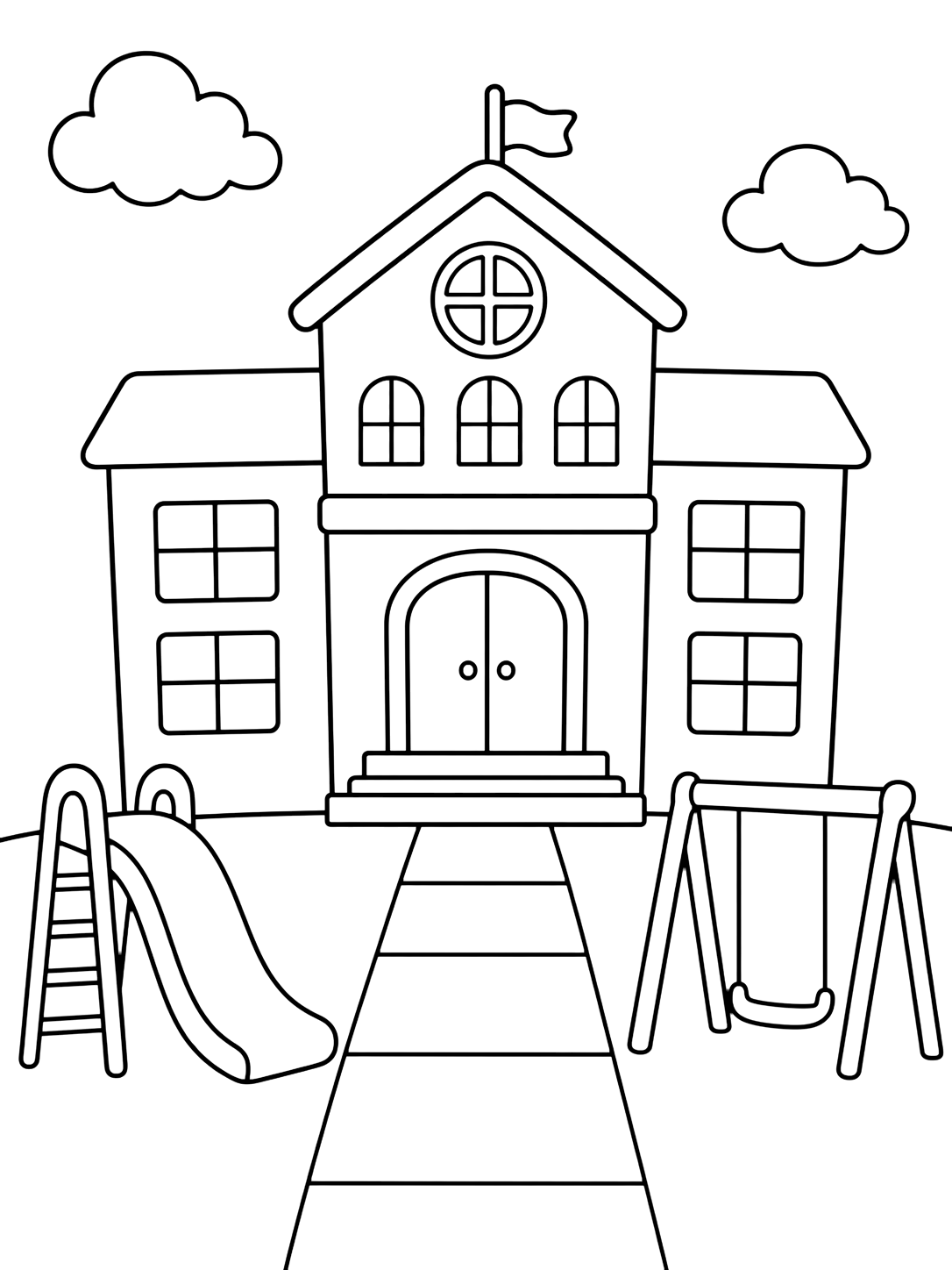 Dibujo para colorear con una escuela simpática junto a un tobogán y columpios sencillos, con acera ancha, dos nubes y mucho espacio abierto. Ideal para niños, actividades escolares, impresión y coloreado online.