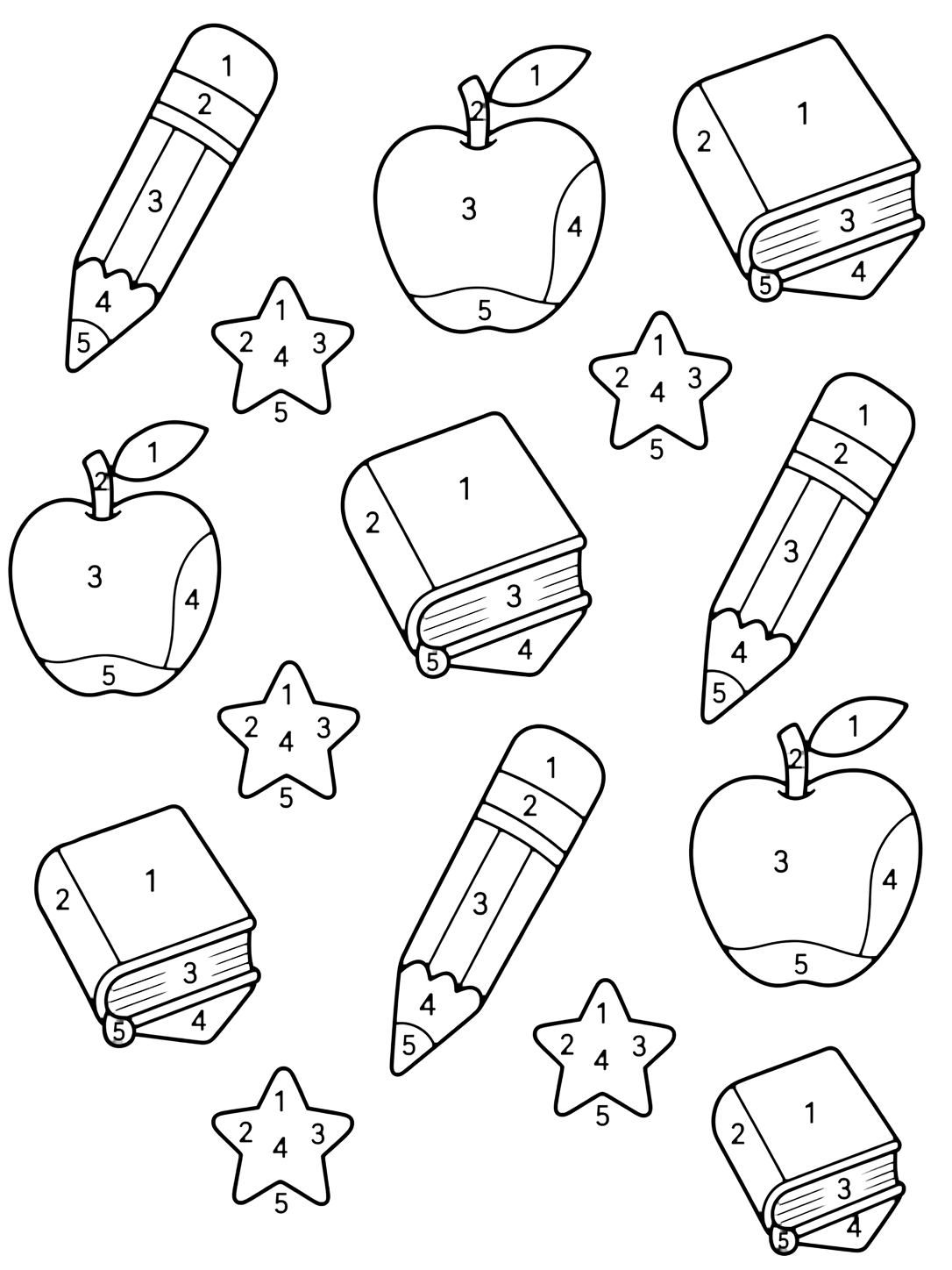 Coloriage avec un motif répété simple de grands crayons, pommes, livres et étoiles, avec de larges zones numérotées de 1 à 5. Idéal pour enfants, rentrée scolaire, impression et coloriage en ligne.