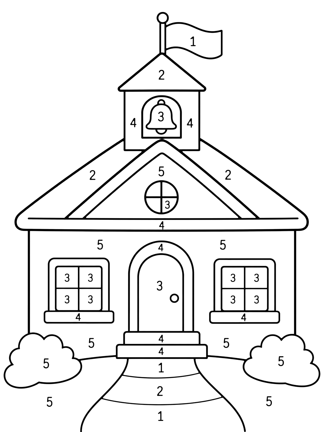 Disegno da colorare con una scuola semplice con porta, due finestre, vialetto e grandi zone numerate da 1 a 5. Adatto a bambini, scuola, stampa e colorazione online.