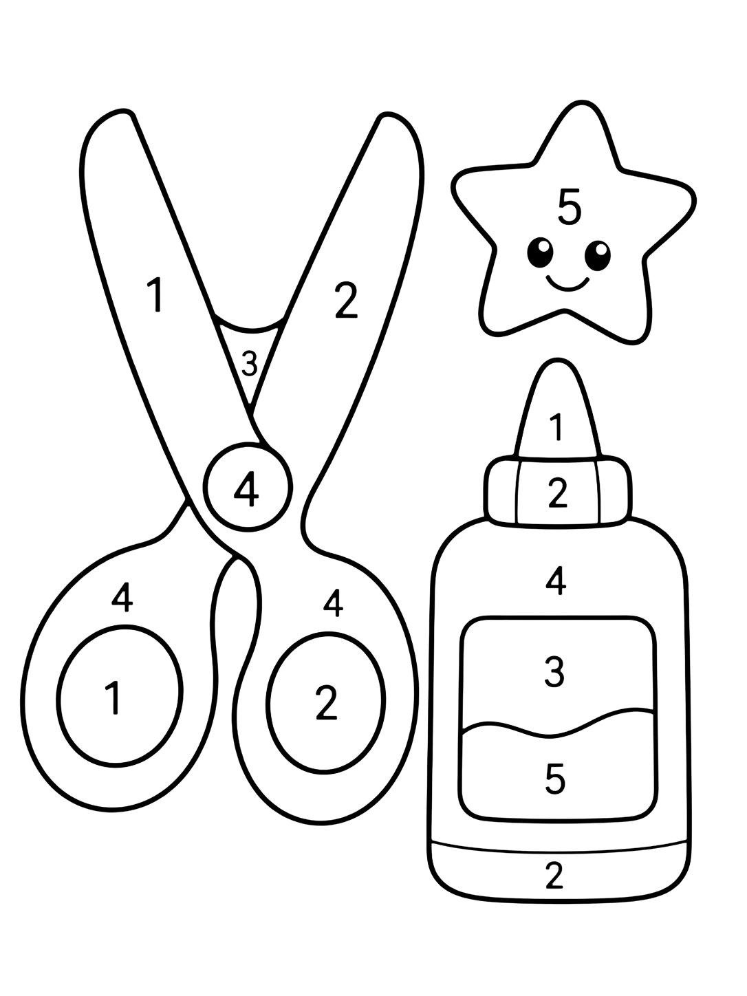 Coloriage avec des ciseaux d'enfant sûrs et un flacon de colle avec de grandes zones numérotées de 1 à 5. Idéal pour enfants, rentrée scolaire, impression et coloriage en ligne.
