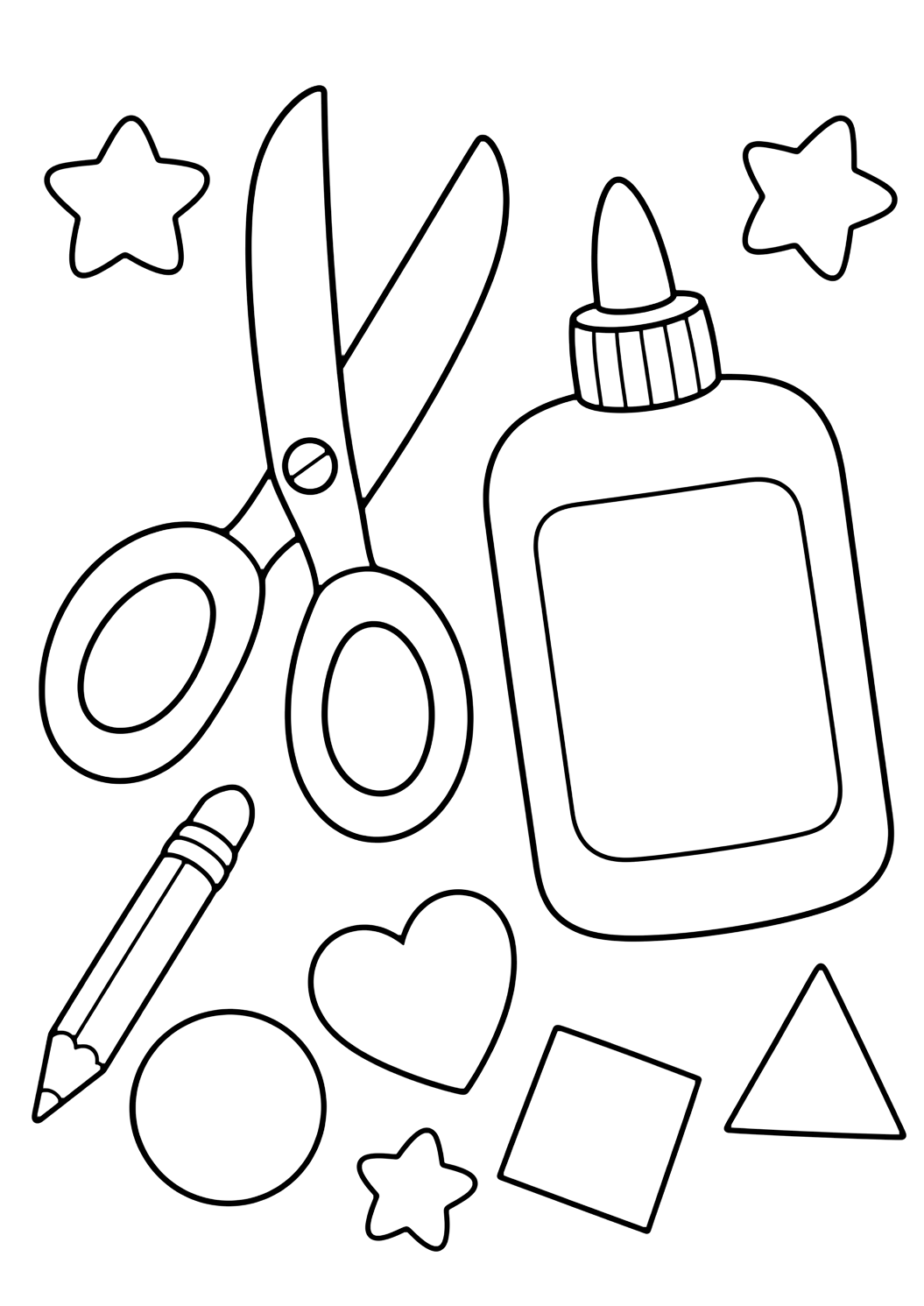 Ausmalbild mit kindgerechte Schere, Klebeflasche mit leerem Etikett, ausgeschnittene Papierformen, Bleistift und kleine Bastelsterne. Geeignet für Kinder, Schulstart, Ausdrucke und Online-Ausmalen.
