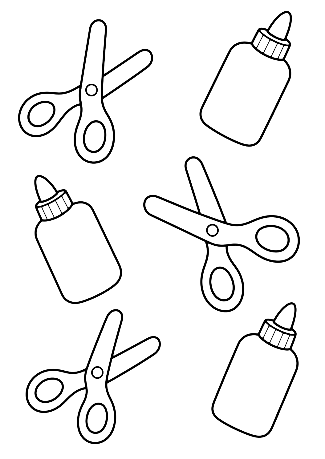 Coloriage avec le motif « motif de ciseaux et colle » sous forme de motif aéré avec de grands ciseaux, de la colle et des formes en papier. Idéal pour enfants, rentrée scolaire, impression et coloriage en ligne.