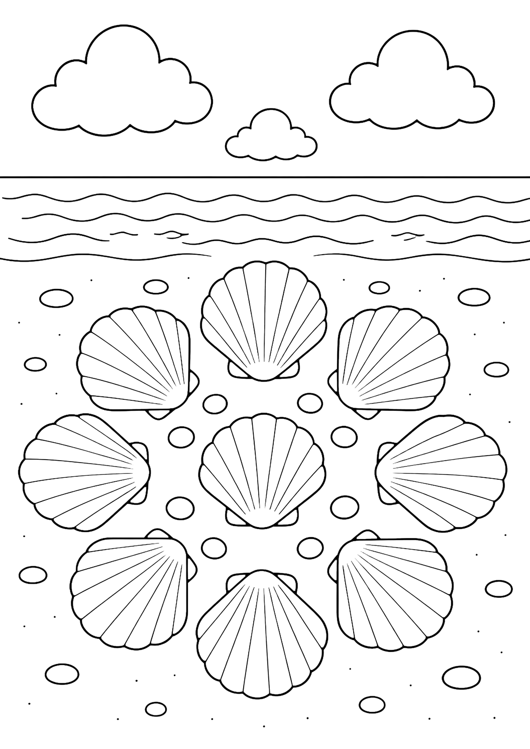 Muschelstrand-Ausmalbild mit ein einfaches rundes Mandala aus acht großen Muscheln auf Strandsand, mit breitem Abstand, glatten Kieselkreisen, ruhigem Meereshorizont, breiten Wolken und offenem Himmel. Geeignet für Kinder, Meeresthemen, Ausdrucke und Online-Ausmalen.