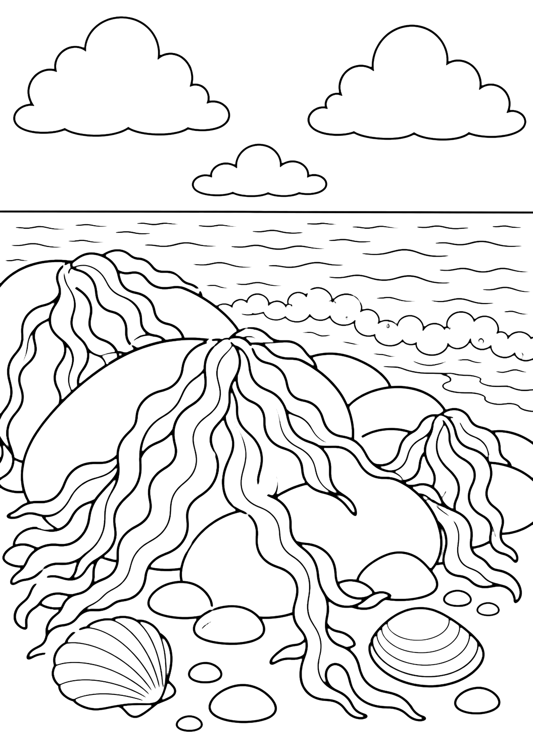 Disegno di costa rocciosa da colorare con nastri di alghe appoggiati su ampie rocce costiere, con una semplice linea del mare, piccole curve di schiuma, due conchiglie lisce, grandi nuvole e cielo aperto. Adatto a bambini, temi del mare, stampa e colorazione online.