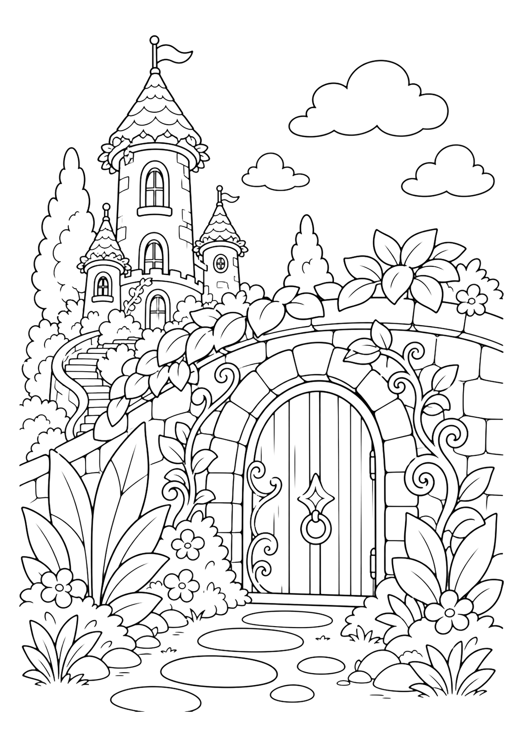 secret garden door enchanted castle coloring page with clean enchanted castle line art for kids