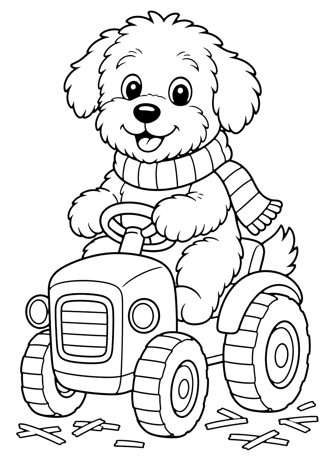 Schäferhund auf Spielzeugtraktor Ausmalbild