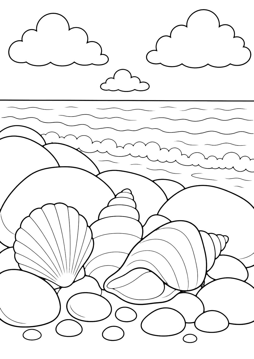 Dibujo para colorear de costa rocosa con tres conchas grandes entre rocas anchas de la costa, con algunos guijarros redondeados, una línea de costa sencilla, olas suaves, nubes grandes y cielo abierto. Ideal para niños, temas del mar, impresión y coloreado online.