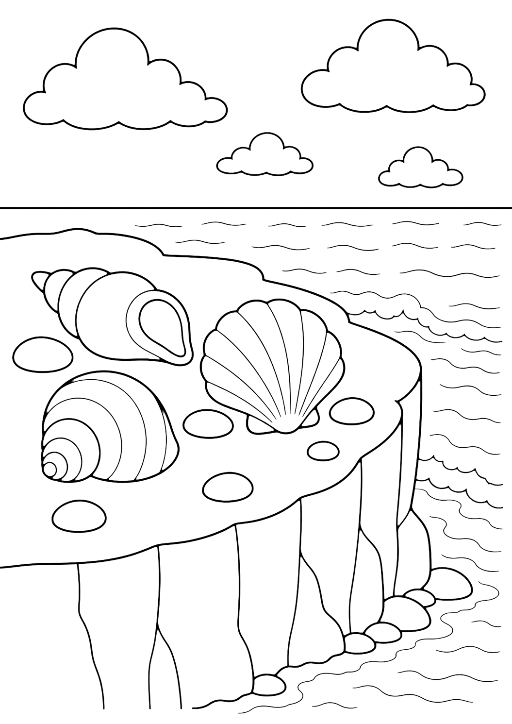 shells on a cliff ledge coloring page with a wide flat ledge on an ocean cliff with three large seashells and a few rounded stones resting on it, with the cliff face dropping to the sea, simple wave curves below, broad clouds, and open sky for kids