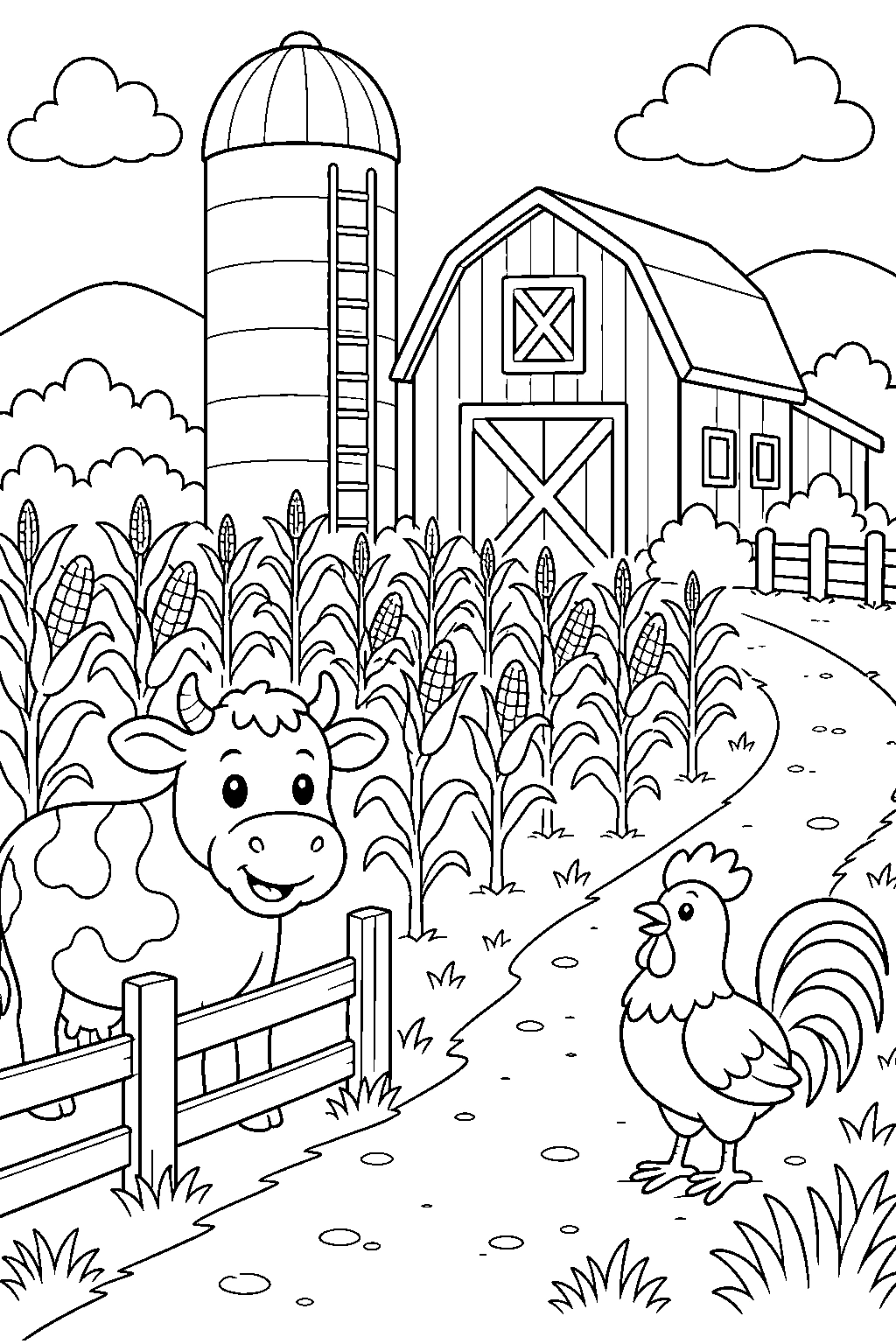 Silo and Cornfield Farm Scene Coloring Page
