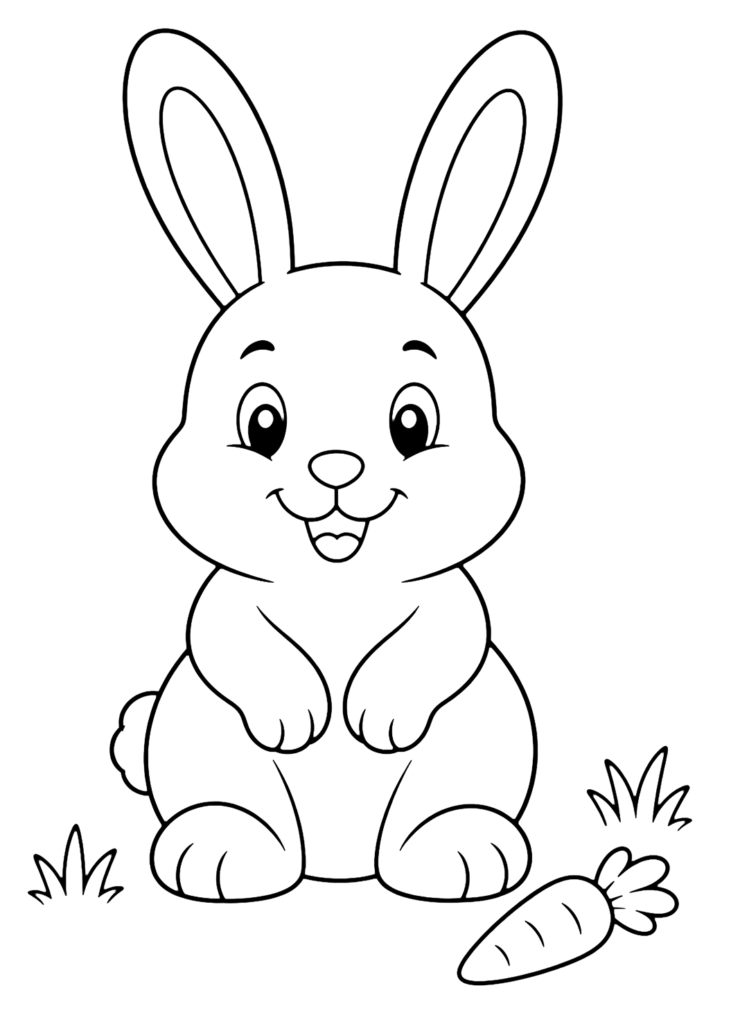 Coloriage d'animal simple avec un grand petit lapin sympathique assis bien droit, avec de longues oreilles, des joues rondes, de petites pattes, une carotte et deux touffes d'herbe simples. Idéal pour enfants, impression et coloriage en ligne.