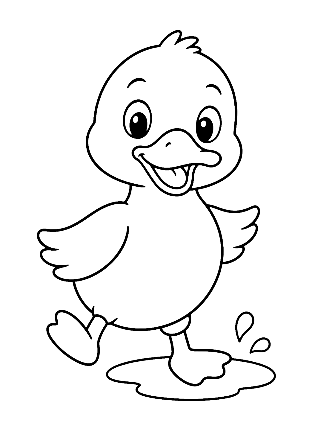 Coloriage d'animal simple avec un grand caneton joyeux qui marche, avec un corps rond, de petites ailes, des pattes palmées, une petite flaque et deux gouttes d'eau. Idéal pour enfants, impression et coloriage en ligne.