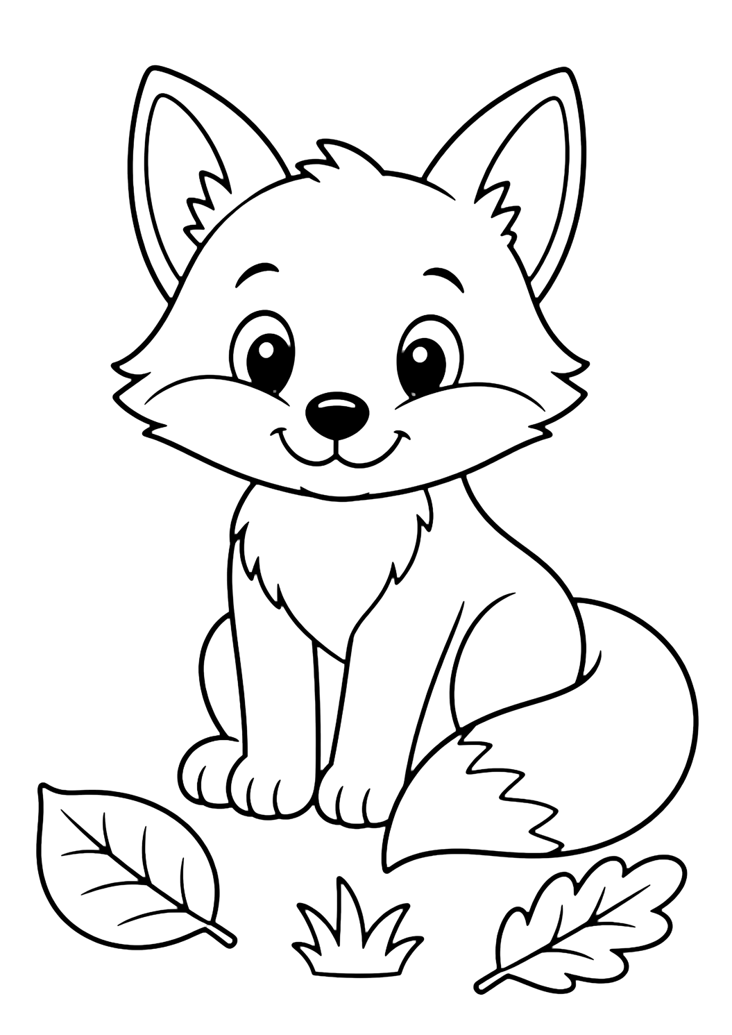 Dibujo sencillo de animal para colorear con un zorrito simpático sentado, con orejas puntiagudas, cola esponjosa, patitas sencillas, dos hojas grandes y una mata de hierba. Ideal para niños, impresión y coloreado online.