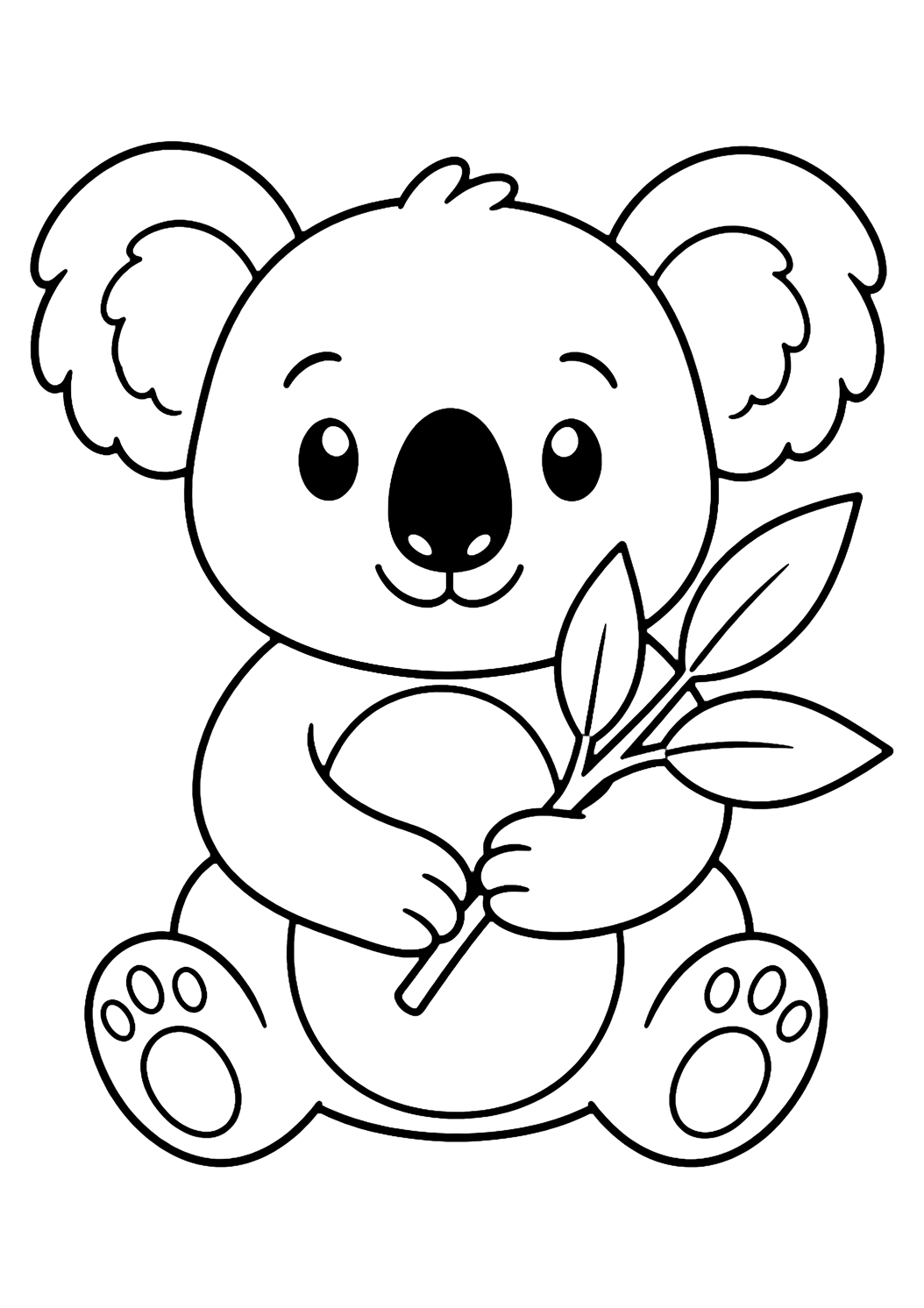 Coloriage d'animal simple avec un koala sympathique assis, avec des oreilles rondes, un nez ovale, de simples pattes, un ventre doux et une branche d'eucalyptus à grandes feuilles. Idéal pour enfants, impression et coloriage en ligne.