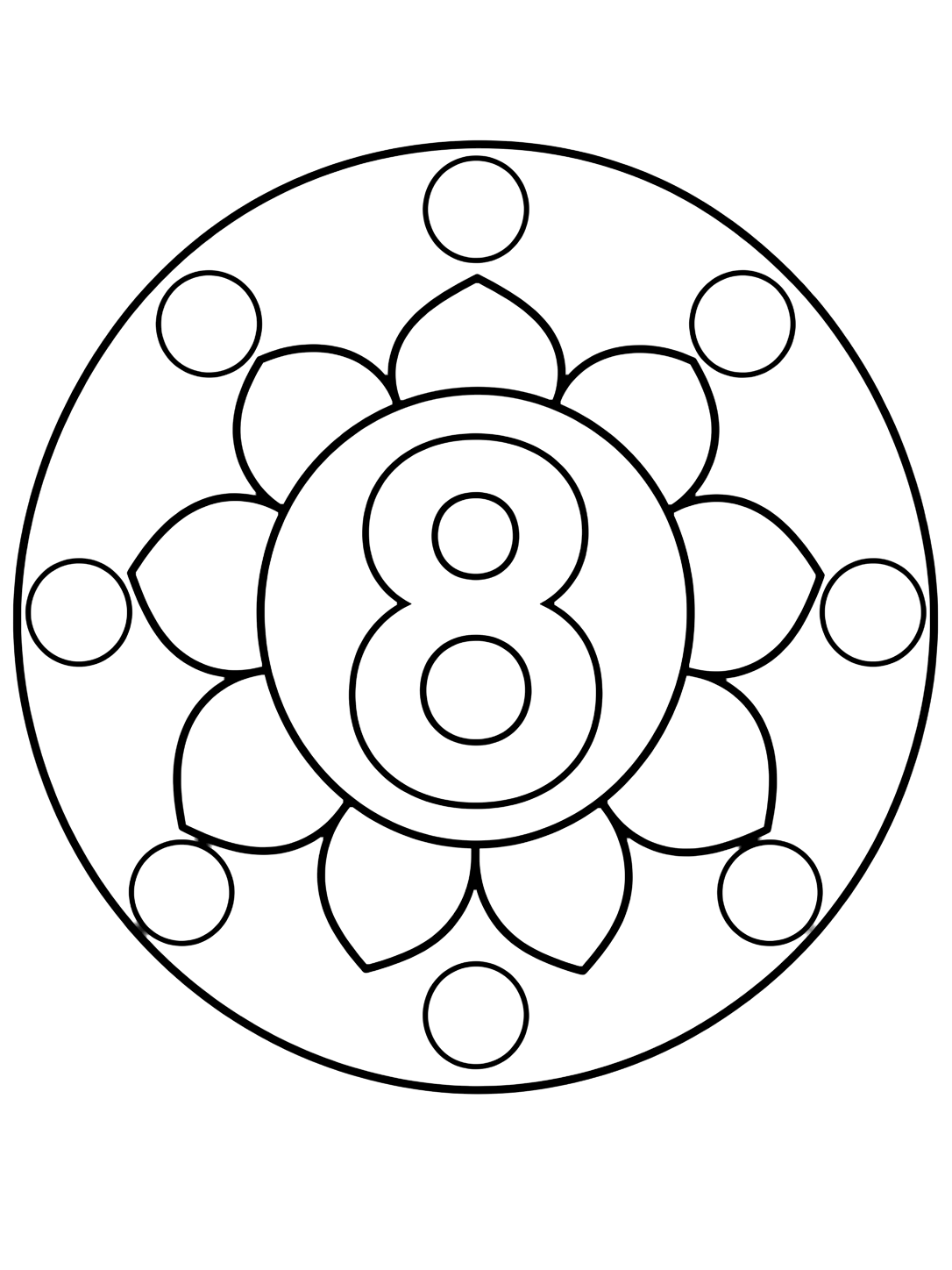 Dibujo para colorear con un mandala muy sencillo para niños con un número 8 grande en el centro, un anillo de pétalos grandes y ocho puntos para contar. Ideal para niños, actividades escolares, impresión y coloreado online.