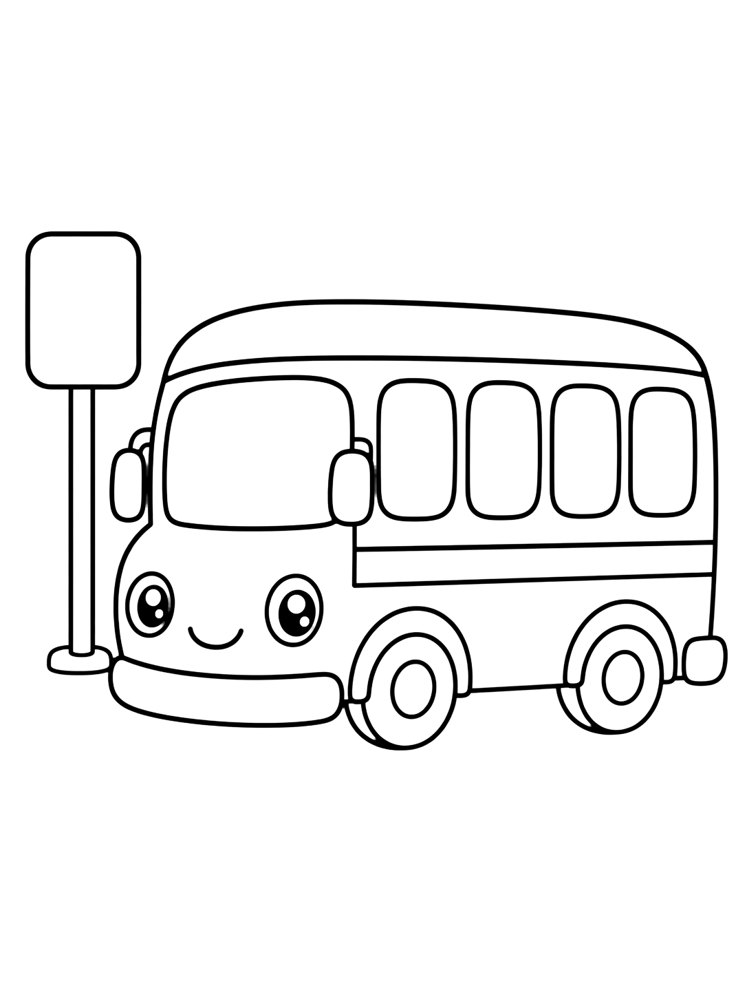 Dibujo sencillo para colorear con un autobús escolar detenido junto a una señal vacía de parada, con espacio blanco claro alrededor de las ruedas. Ideal para niños, imprimir y colorear online.