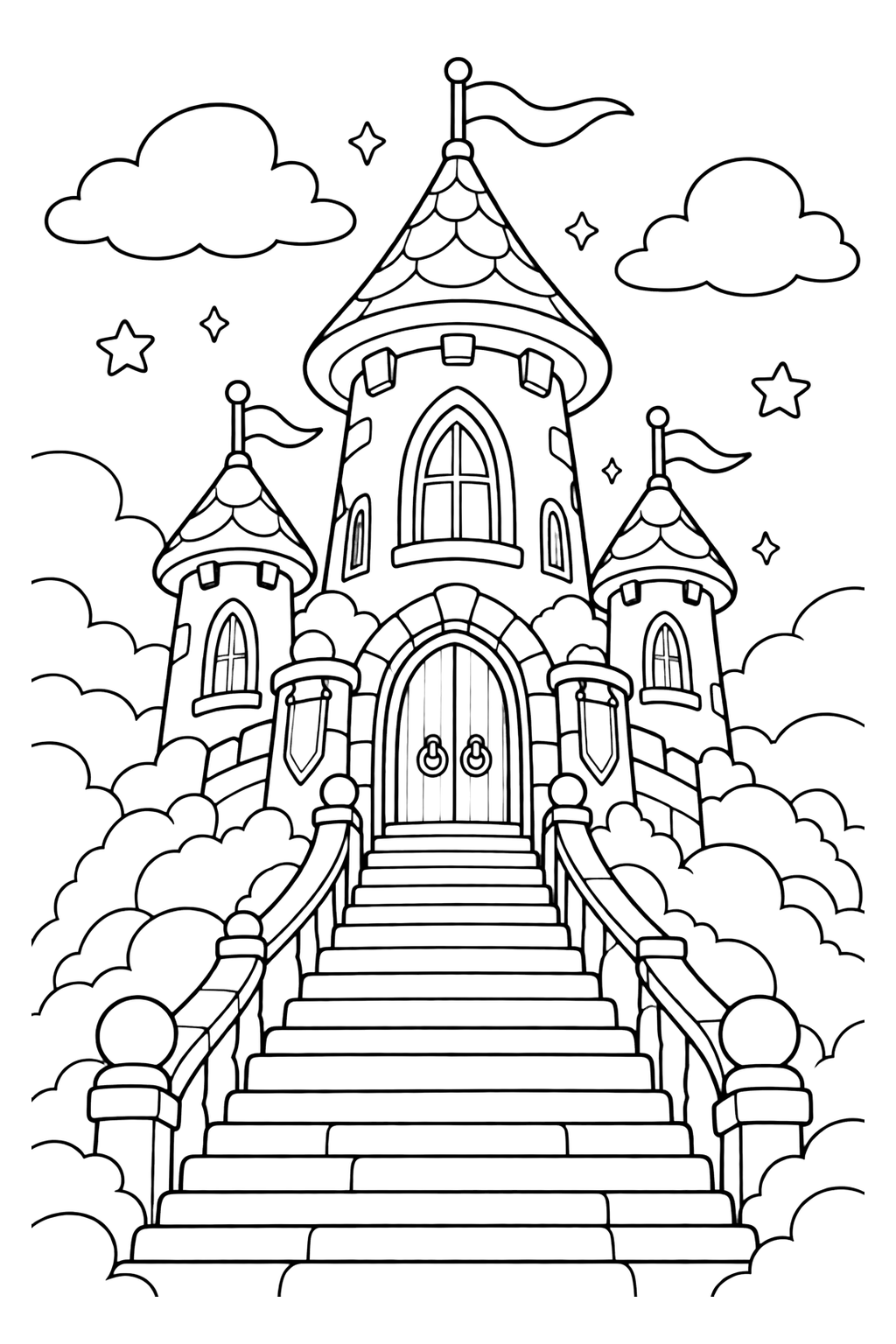 Disegno di castello fantasy con scala nel cielo da colorare con un alto castello fantasy raggiunto da ampie scale tra le nuvole, con una torre principale, due piccole torrette laterali, alta porta ad arco, grandi finestre semplici, tetti arrotondati, due bandiere e alcune stelle. Adatto a bambini, stampa, download e colorazione online.