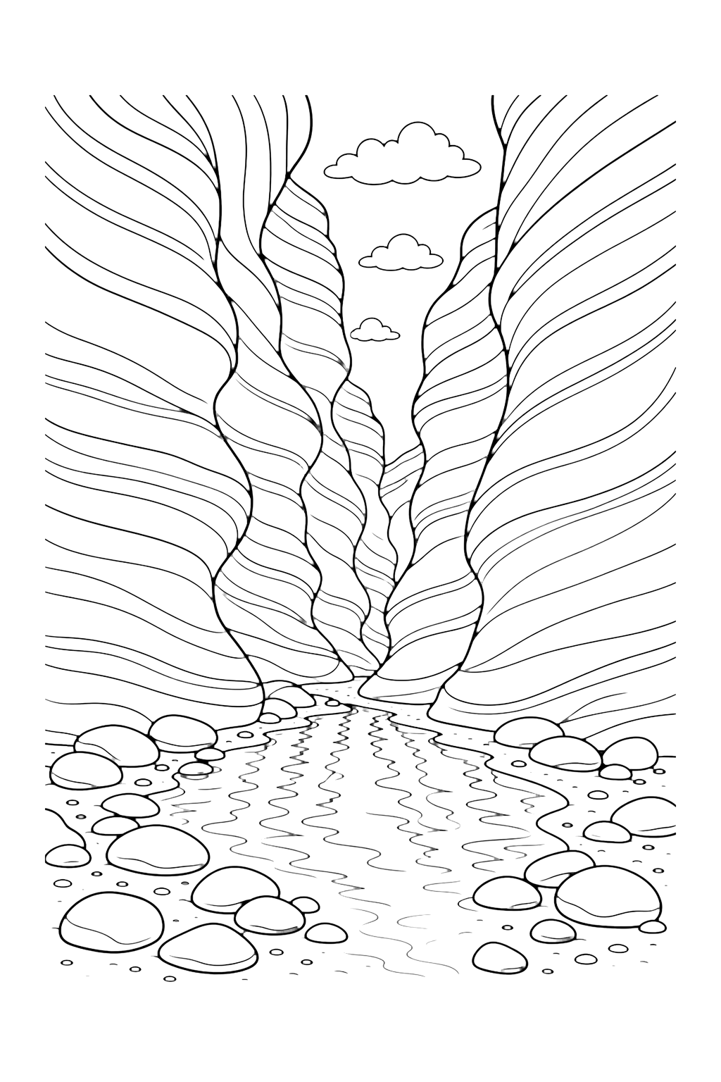 slot canyon water reflection coloring page with a shallow reflective pool on a slot canyon floor with smooth wall curves, simple ripples, rounded stones, and a sky slit above for kids