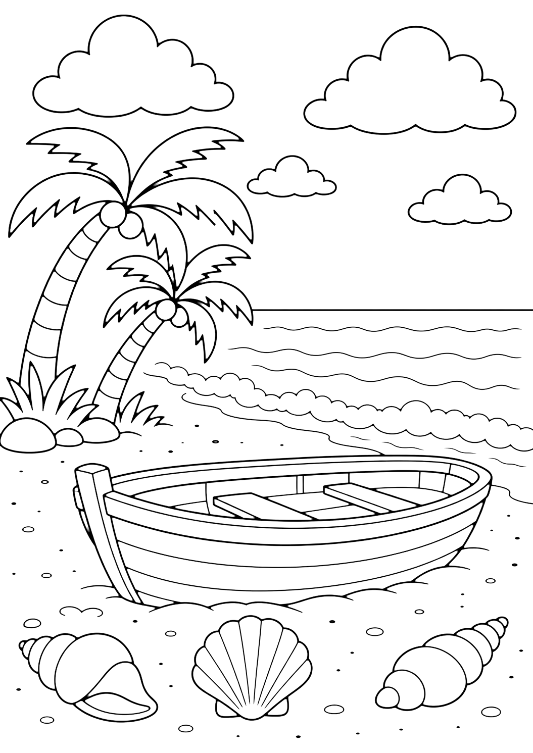 Coloriage de plage de palmiers avec une petite barque simple en bois tirée sur le sable d'une plage de palmiers, avec deux palmiers derrière, un horizon océanique calme, de petites courbes de vagues, quelques grands coquillages, de grands nuages et un ciel ouvert. Idéal pour enfants, été, impression et coloriage en ligne.