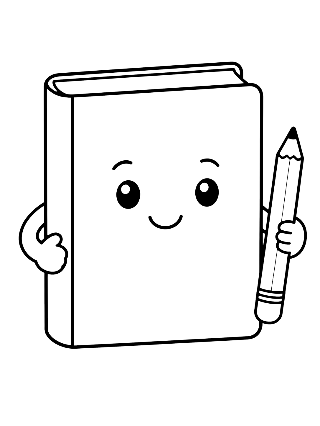 Dibujo para colorear con el motivo «libro escolar sonriente» con libros escolares grandes, cubiertas en blanco y detalles escolares sencillos. Ideal para niños, actividades escolares, impresión y coloreado online.
