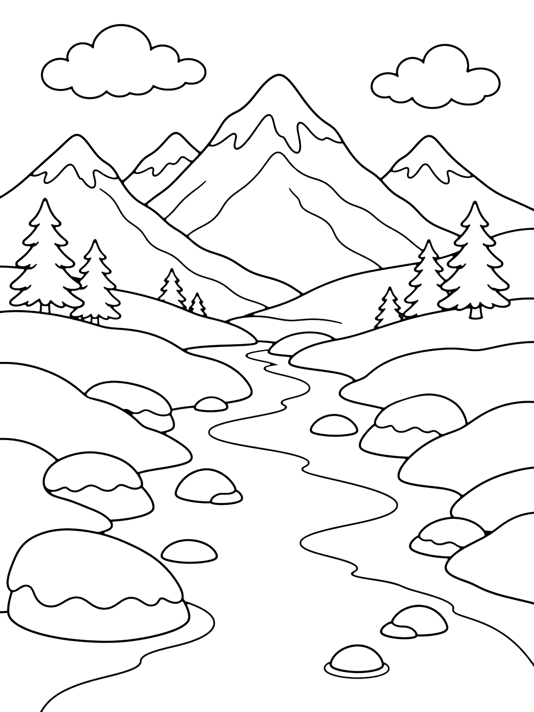 Ausmalbild mit eine verschneite Bergszene mit verschneiter Bergfluss, klaren Konturen, breiten Schneeformen, Hängen, Felsen, Himmel und einfachen Naturdetails. Geeignet für Kinder, Winterthemen, Ausdrucke und Online-Ausmalen.