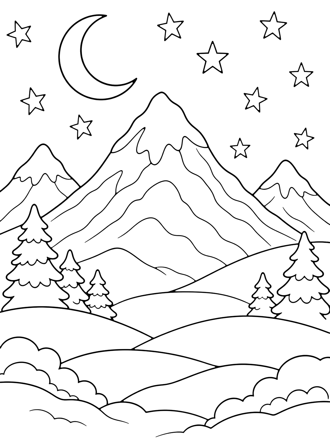 snow-covered mountain starry sky coloring page with snow-covered mountains under a simple starry winter sky, with a crescent moon, several large outline stars, smooth snowy slopes, rounded snowbanks, simple evergreens, and distant layered peaks for kids