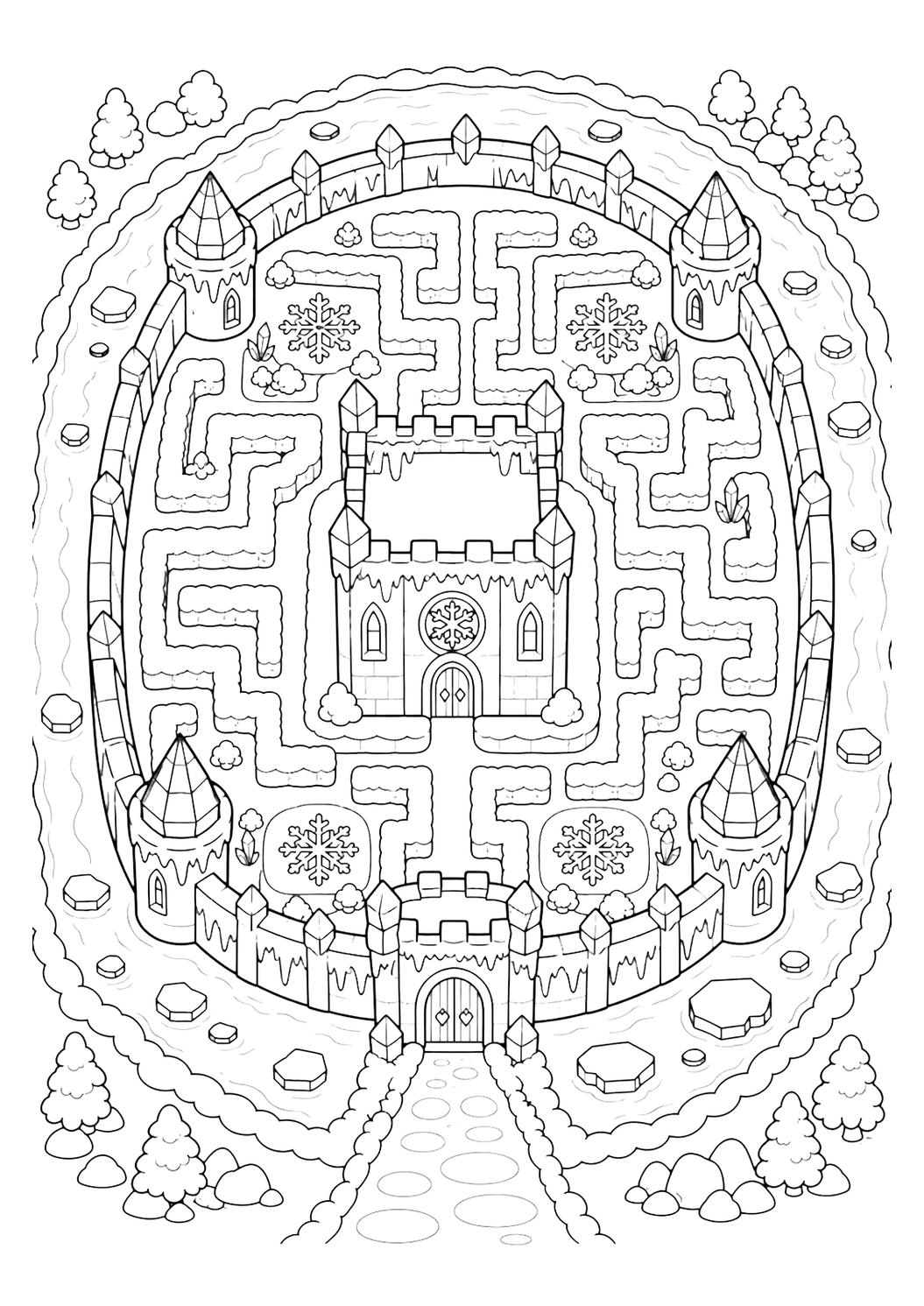 Dibujo de castillo de hielo en laberinto de nieve para colorear con una vista aérea de un castillo de hielo dentro de un laberinto simple de nieve, con muro exterior ovalado de hielo, cuatro pequeñas torres de cristal en las esquinas, una torre interior cuadrada de hielo, caminos amplios hechos con muros de nieve, pequeña puerta fortificada abajo, zonas de jardín con copos y un foso congelado estrecho alrededor. Ideal para niños, impresión, descarga y coloreado online.