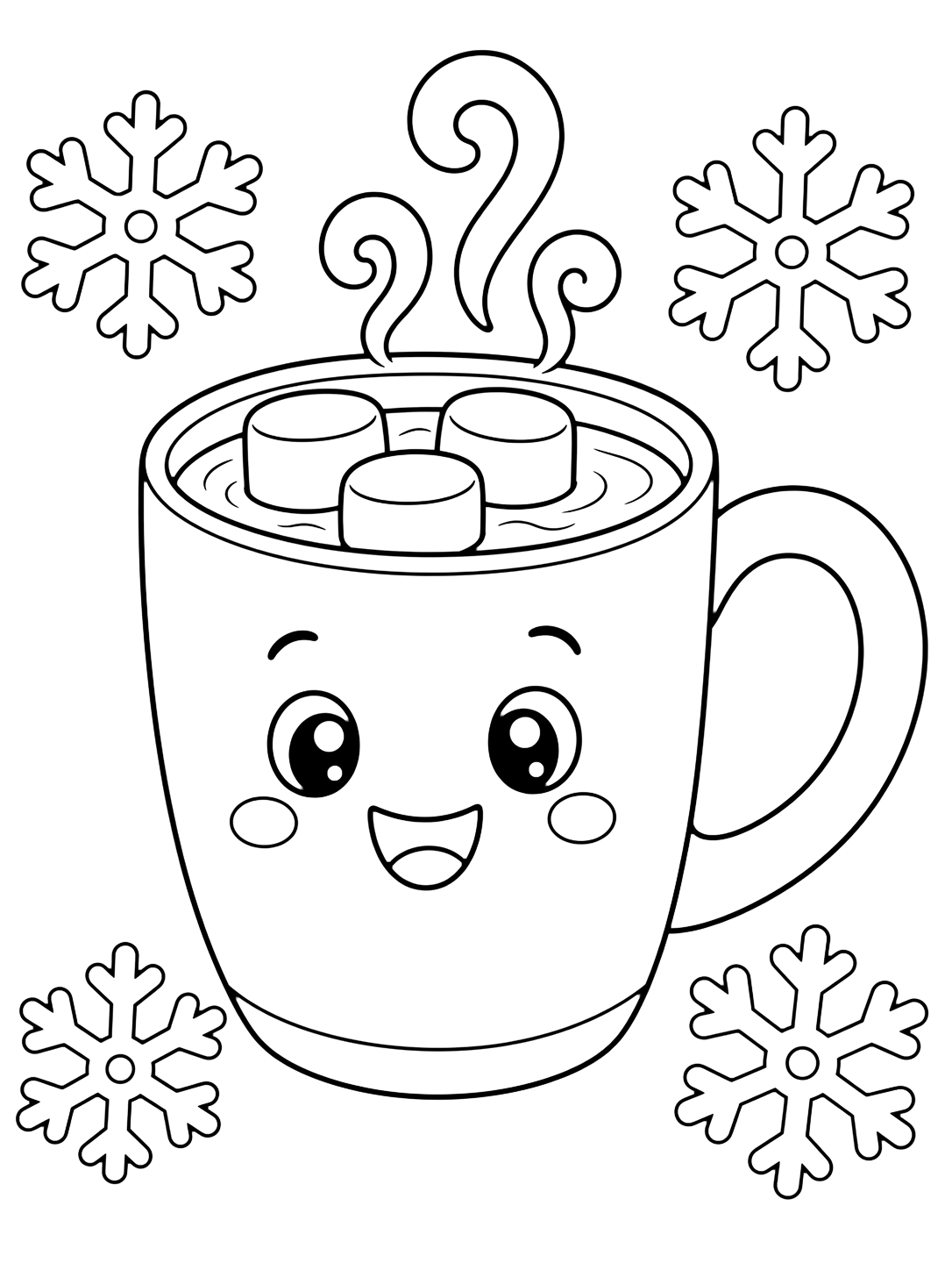 snowflake hot chocolate mug coloring page with simple hot chocolate line art for kids