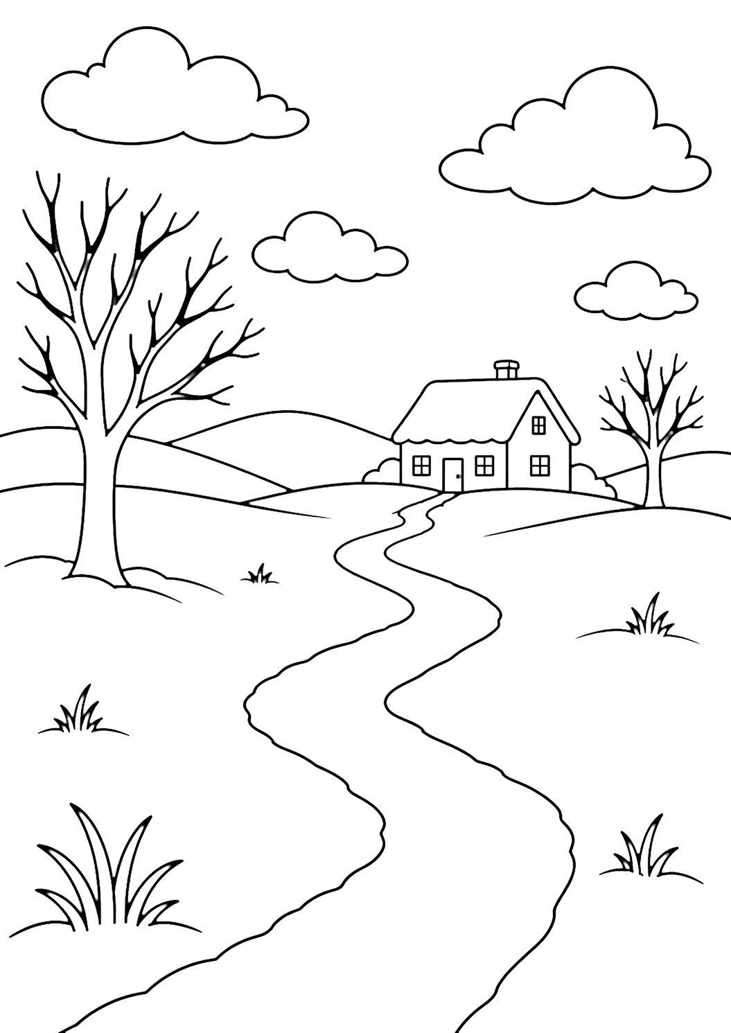 Ausmalbild mit ein verschneites Feld mit einem kleinen Bauernhaus in der Ferne, klaren Konturen, breiten Schneeformen, offenem Himmel, fernen Hügeln und einfachen ländlichen Details. Geeignet für Kinder, Winterthemen, Ausdrucke und Online-Ausmalen.