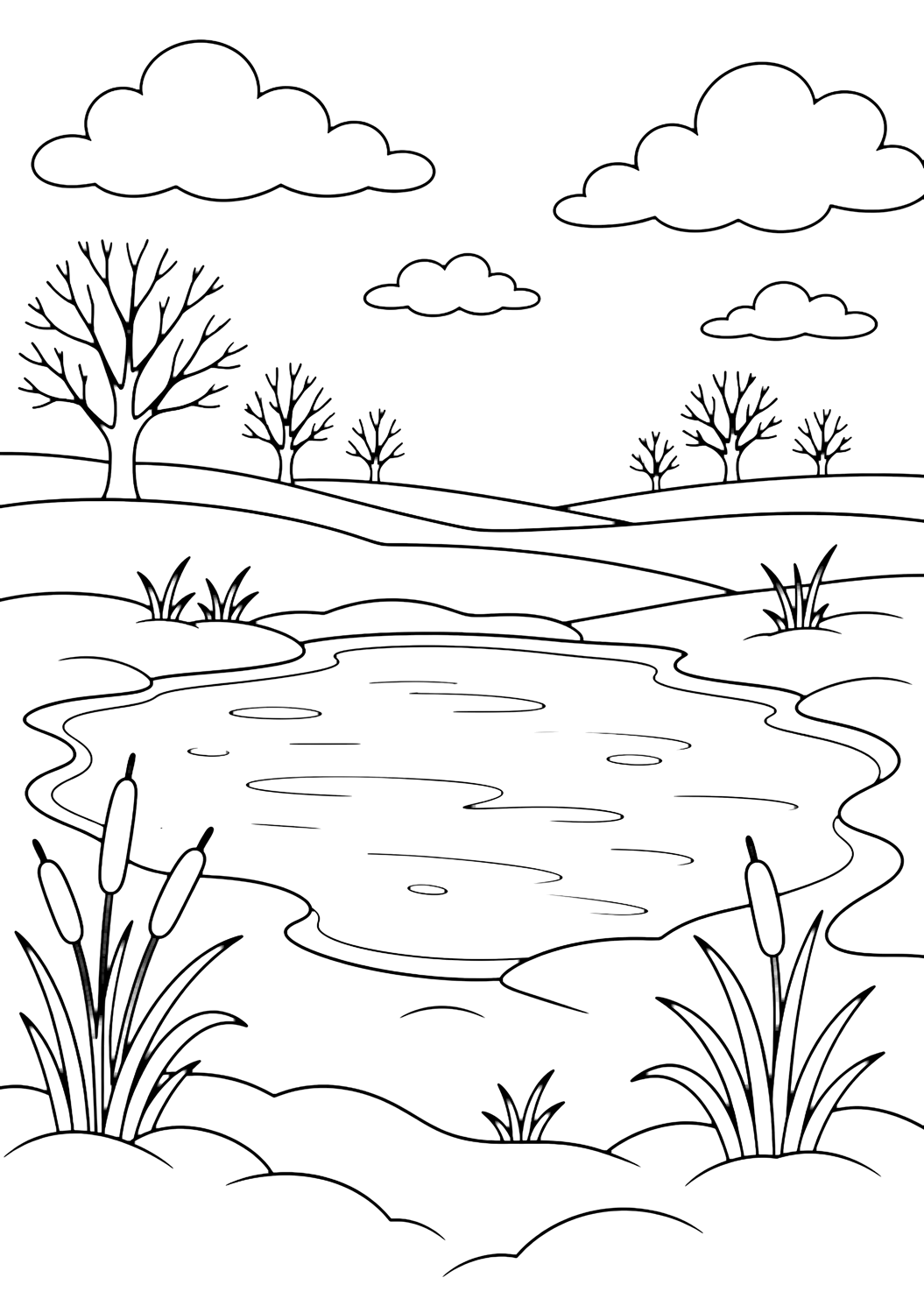 snowy field frozen pond coloring page with a small frozen pond in the middle of a snowy field, with smooth snowbanks around the edge, simple reeds, a few bare trees far away, rolling field lines, and open sky for kids