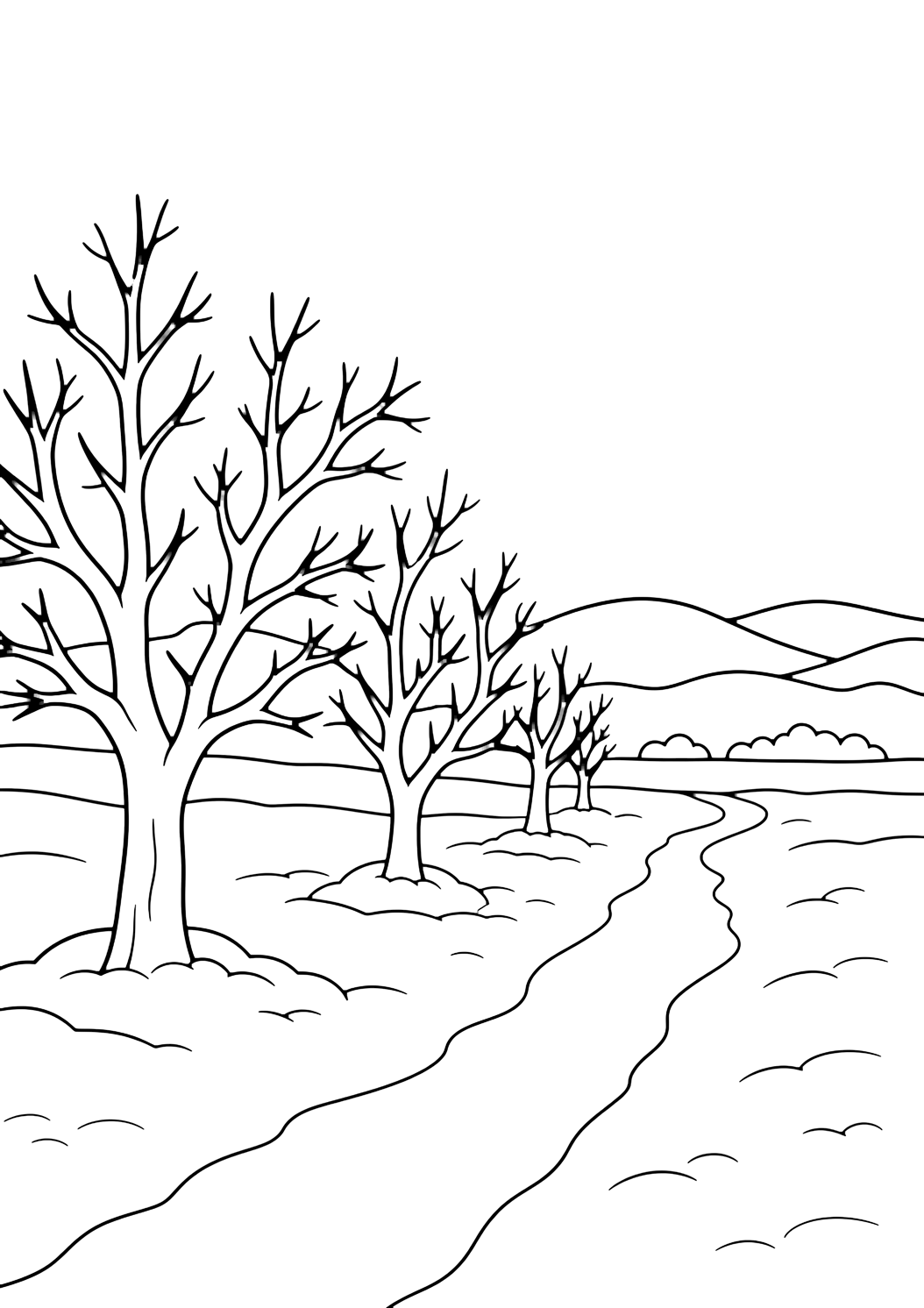 Dibujo para colorear con un campo nevado con una fila de árboles frutales sin hojas, contornos limpios, formas amplias de nieve, cielo abierto, colinas lejanas y detalles rurales sencillos. Ideal para niños, invierno, impresión y coloreado online.