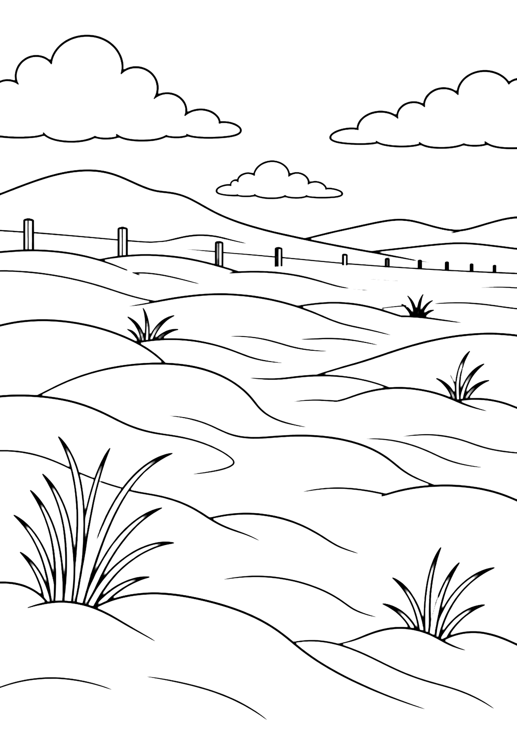 snowy field snowdrifts coloring page with large rounded snowdrifts across an open snowy field, with wind-swept curved snow lines, a few bare grasses, distant fence posts, low hills, soft clouds, and a wide sky for kids