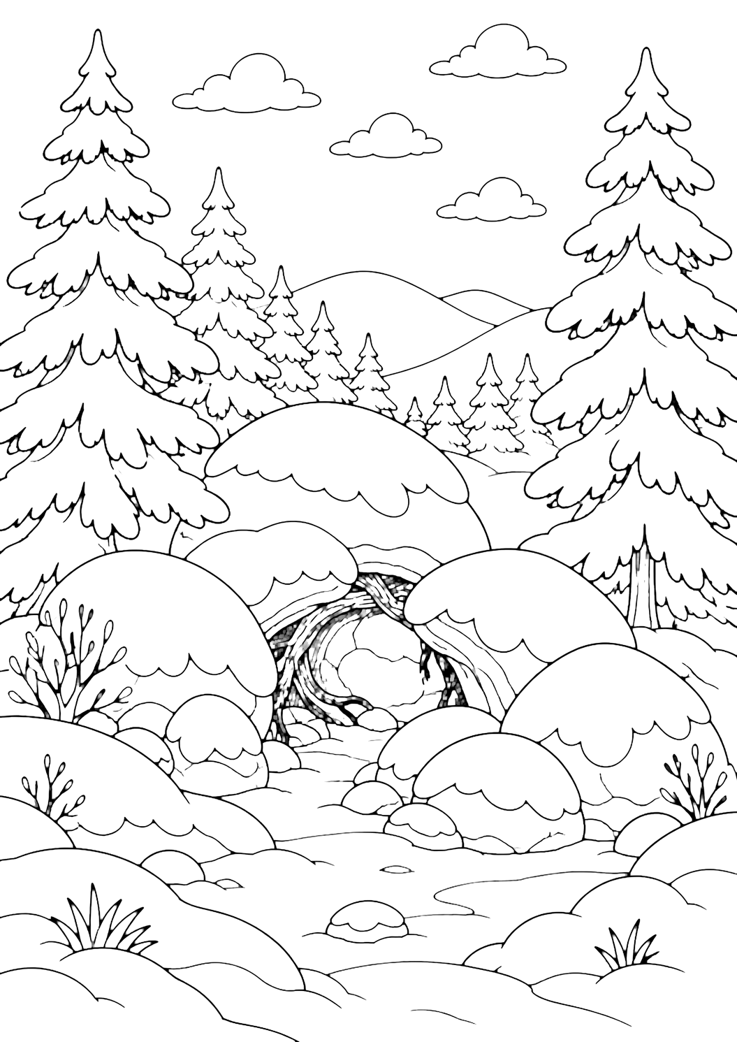 Dibujo para colorear con un bosque nevado con hueco de rocas en bosque nevado, contornos limpios, formas amplias de nieve, árboles, colinas y cielo de invierno. Ideal para niños, invierno, impresión y coloreado online.