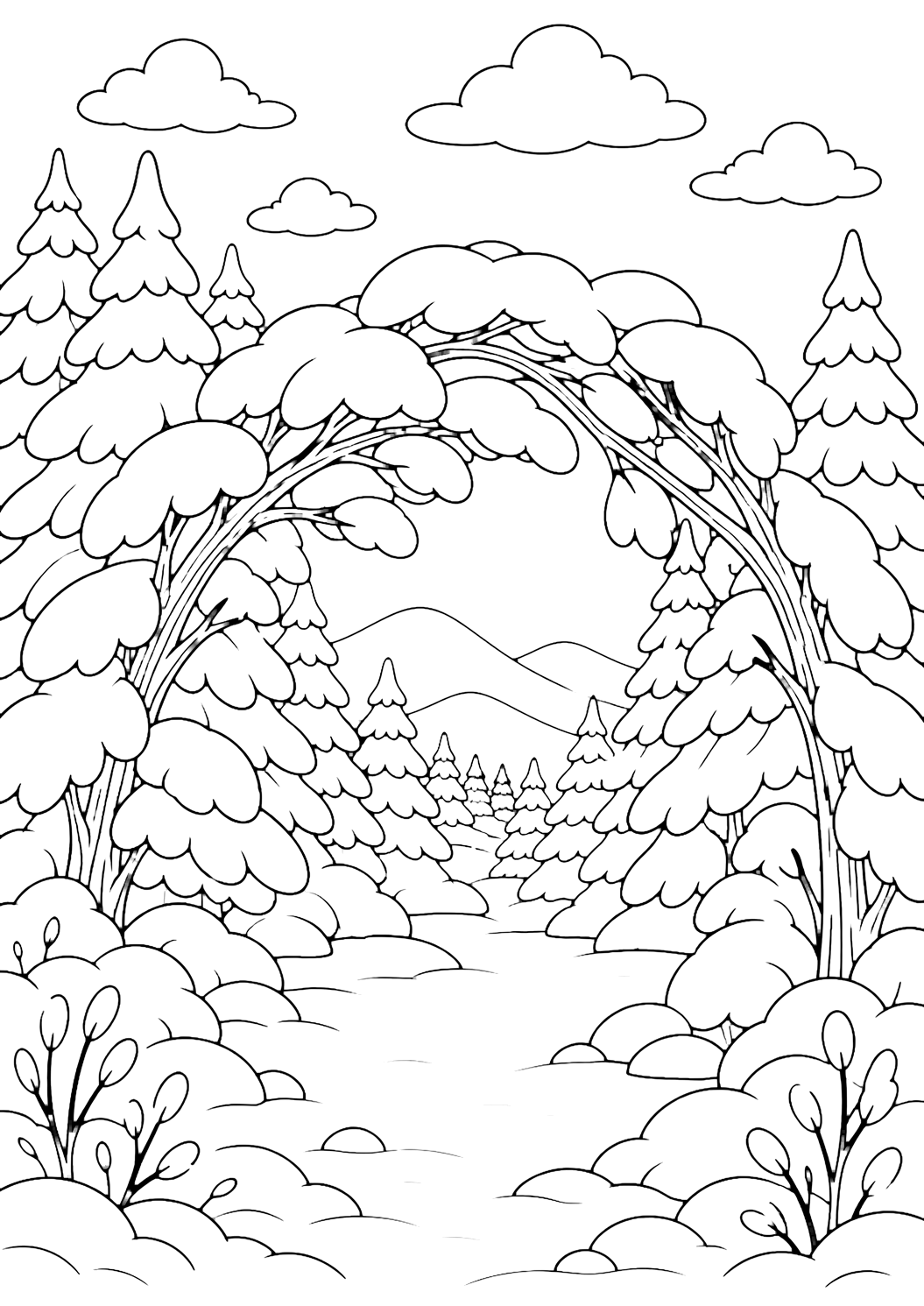 Coloriage avec une forêt enneigée avec arche de branches dans une forêt enneigée, des contours nets, de larges formes de neige, des arbres, des collines et un ciel d'hiver. Idéal pour enfants, thèmes d'hiver, impression et coloriage en ligne.